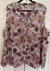 Tahari Womens Plus SZ 3X Cascade Ruffle Floral Sleeveless Button-Down Blouse - Picture 1 of 7