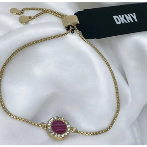 Bracciale DKNY Slider Cerchio Charm Moda Splendido Chic Trendy Tono Oro Cristallo - Foto 1 di 12