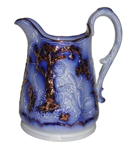 Antica brocca blu flusso ~ lucentezza rame ~ scena ragazzo nella natura ~ altezza 7,25" - Foto 1 di 9