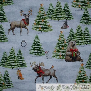 BonEful FABRIC FQ Cotton Quilt White Snow Scenic Forest Animal Deer Moose Bear L - Picture 1 of 14