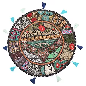 Medium Black Vintage Patchwork Floor Pillow Cover 22 in Round Cushion Cover - Picture 1 of 6
