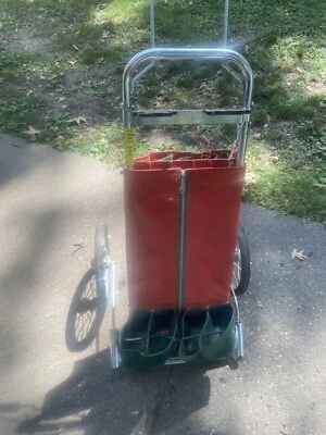 Vintage 1950’s Sit N Rest Golf Club Bag Rolling Push/Pull Cart Orange/Green - Image 1 of 4