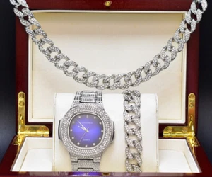 RELOJ DE LABORATORIO DE DIAMANTES HIP HOP HELADO PLATA PESADA PT ESFERA AZUL, COLLAR, JUEGO DE PULSERA - Imagen 1 de 12