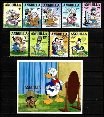 ANGUILLA, SCOTT # 434-443, FULL SET OF 9 STAMPS & S/S 1981 DISNEY EASTER OUTFITS - Image 1 of 3