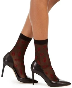 Womens Sheer Ankle Socks w/ Red Lips Black One Size INC $9 - NIP - Picture 1 of 1