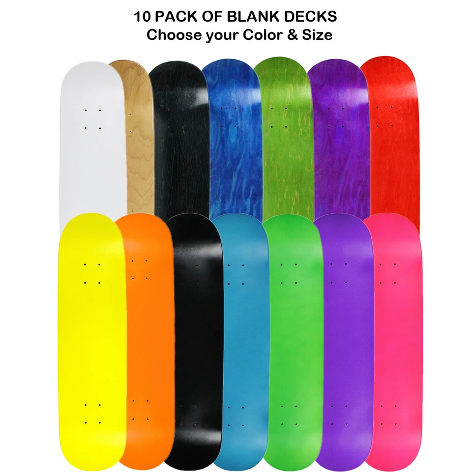 10 Pro Skateboard Decks Blank Choose Your Color + Size (7.75" 8.0" 8.25" 8.5") - Image 1 of 1