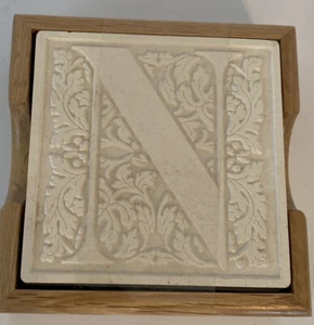 8 Monogrammed Letter N Coasters with Wood Case - White Ceramic - Picture 1 of 9
