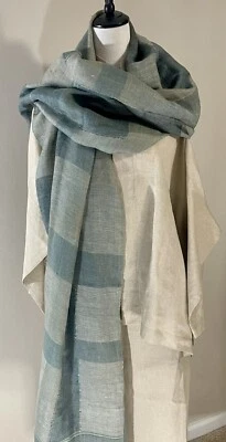 Eskandar винтажный дизайнерский 100% льняной шарф шалфей и крем клетчатый длинный плетеный корзина - Изображение 1 из 4