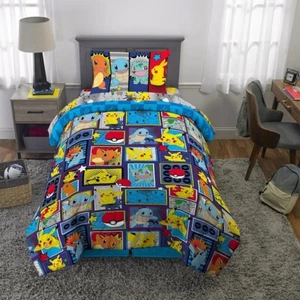 Pokemon Comics Bedding Set with Reversible Comforter Kids Twin Bed in Bag - 4Pcs - Picture 1 of 7