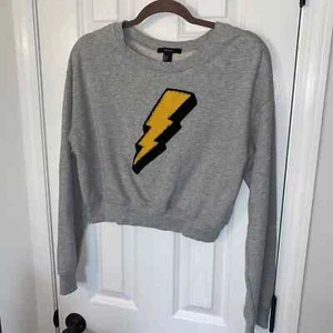 Forever 21 lightning Bolt Cropped Sweatshirt Crewneck Grey / Yellow Large L Rare - Picture 1 of 4