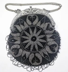 Antique Vintage Nouveau Silver Purse Bag Dragon Griffin French Steel Cut Beads - Picture 1 of 13