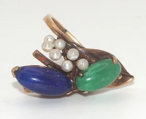 14k Yellow Gold Cocktail Ring Sz. 5 1/4 w Lapis, Jadeite & Mini Pearls (LeD) - Picture 1 of 6