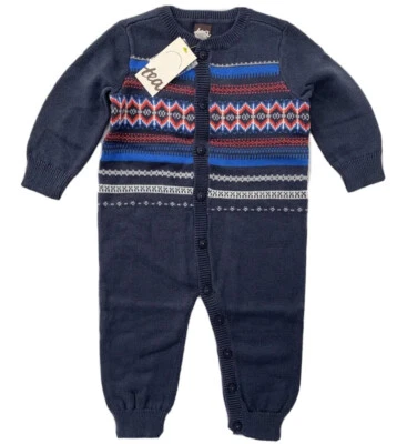 NUEVO CON ETIQUETAS Colección Tea Bebé Niños 9-12 Meses Azul Fair Isle Vacaciones Suéter Mameluco Foto 1 de 4