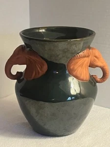 Unique Vase Elephant Handles Terracotta & Glazed Dark Green 7 1/4" Tall - Picture 1 of 9
