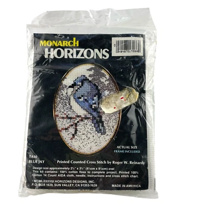 Monarch Horizons Cross Stitch Kit Blue Jay TA66 by Reinardy w Oval Frame - Image 1 of 4