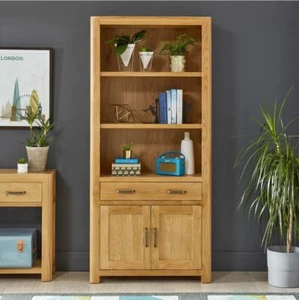 Soho Oak Large Tall Bookcase with 2 Door Cupboard and Drawer - Bookshelf - SC19 - Picture 1 of 12