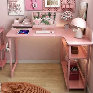 L Shaped Gaming Desk with Power Outlets Corner Computer Desk 110x80CM-pink 🚚💨 - Picture 1 of 8