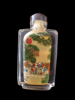 Botella de tabaco de vidrio pintada a mano reverso chino vintage en caja de seda original con satén  Foto 1 de 4