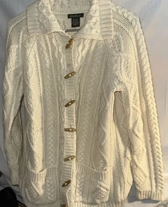 Eddie Bauer Sweater Women's Wool Cardigan Cable Knit Wool Blend Ivory Size Med - Picture 1 of 4