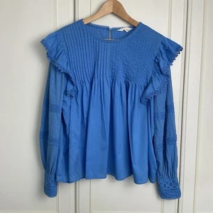 Per Una M & S Cotton Pintuck Top Size UK 14 Azure Blue Long Sleeve Ruffle Blouse - Picture 1 of 14