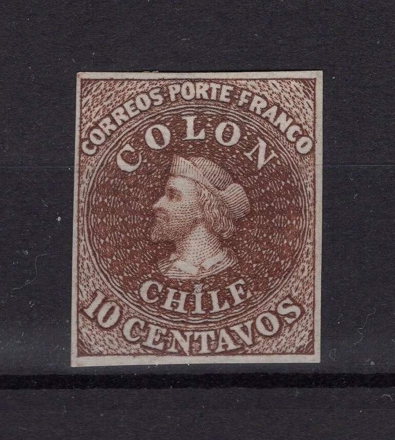 CHILE Colón Primera emisión placa prueba 10c en papel tejido marrón Foto 1 de 1