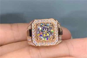 3Ct Round Cut Real Moissanite Men's Solitaire Ring 14K Yellow Gold Plated - Picture 1 of 11