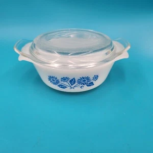 Vtg Anchor Hocking FIRE KING Small Milk Glass Bowl #472 w/ Lid - Blue Flower - Picture 1 of 10