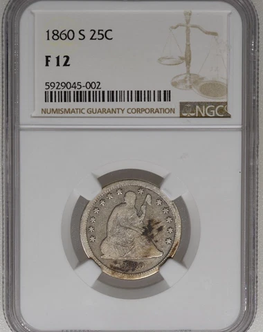 1860 S Seated Liberty Quarter F 12 NGC Cover