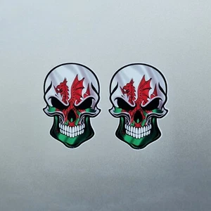 2x Small Welsh Cymru Flag Biker Skull Vinyl Sticker Decals For Car Van 65x45mm - Picture 1 of 1