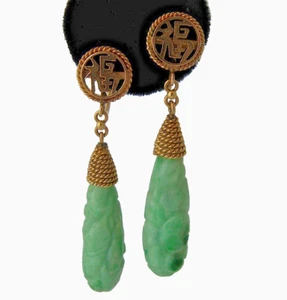 14K Carved Apple Jade Dangle Earrings Screwback Mid 1900s - Picture 1 of 8