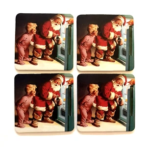 Vintage Set 4 Coca Cola Coasters Coke Holiday Santa Christmas Cork Backed Square - Picture 1 of 3