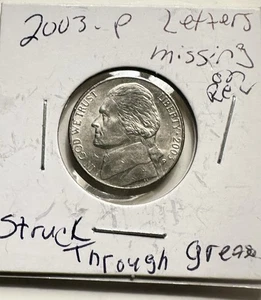 Rare DDO/DDR 1989 P Jefferson Nickel Struck Thru Grease Letters Missing On Back - Picture 1 of 3