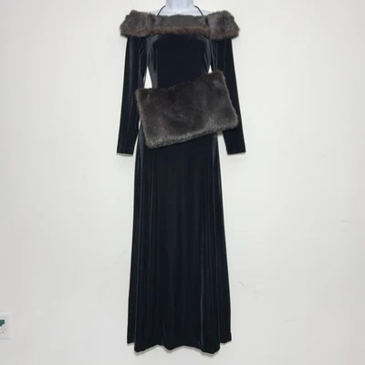 CACHET Vintage Faux Fur Long Sleeve Black Velvet Gown and Muff Set 8 M Medium - Image 1 of 4
