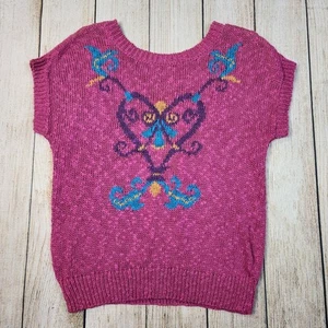 Waterville Vintage Magenta Heart Sweater Short Sleeve Retro Boho Knit 80s 90s - Picture 1 of 8