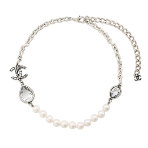 Collana CHANEL CC Logo Perla Metallo Perla Finta Strass Argento ABD783