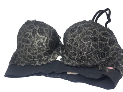 Sutiã Victoria’s Secret rosa push-up – renda preta com glitter dourado, 32C - Imagem 1 de 4