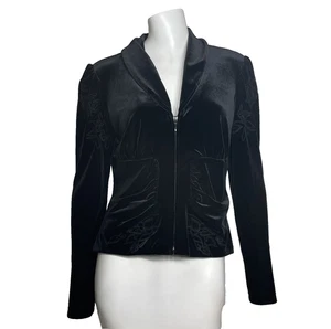 Joseph Ribkoff Jacket Sz 10 Black Velvet Slinky Embroidered Ruched Stretch Zip - Picture 1 of 17