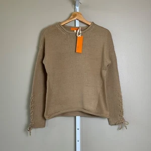 NWT Women’s ONE A Taupe Mocha Roll Neck & Hem Tie Sleeve Knit Sweater, SMALL - Picture 1 of 24