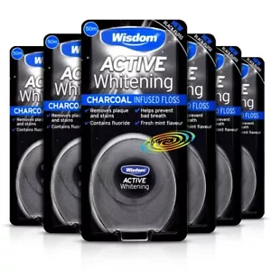 6x Wisdom Charcoal Black Dental Floss Active Whitening 50m - Picture 1 of 1