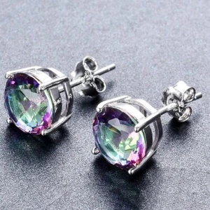 925 Sterling Silver 8MM Round Mystic Topaz Gemstone Stud Earrings UK Seller - Picture 1 of 7