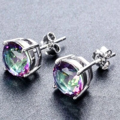 925 Sterling Silver 8MM Round Mystic Topaz Gemstone Stud Earrings UK Seller - Image 1 of 4
