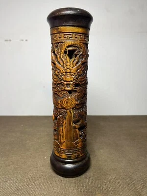Estátua de dragão chinesa Huanghuali esculpida em madeira requintada armazenando caixa de tubo de incenso - Imagem 1 de 4