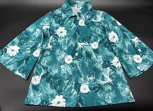 VINTAGE 70er JC PENNEY MONTGOMERY HEMD DAMEN POLYESTER GEBLÜMT TÜRKIS GRÖSSE 18 - Bild 1 von 4