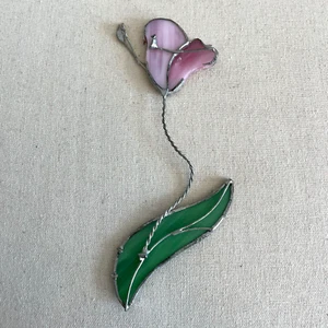 Vintage 1996 American Art Glass Stained Glass Wired Flower Pink Green USA Rare - Picture 1 of 6
