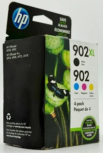 HP 902XL 902 Black Color 4 Pack Ink Cartridge Genuine (Expiry Aug 2021) - New - Afbeelding 1 van 5