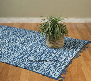 Tappeto Dhurrie 3,5x6 piedi blu indaco cotone stampa blocco zona accento tessuto piatto boho - Foto 1 di 3