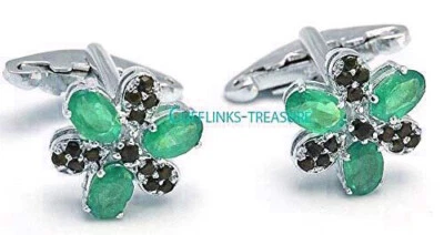 Natürlicher Smaragd & Saphir Edelsteine 925 Sterling Silber Manschettenknöpfe - Bild 1 von 3