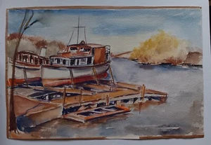 PINTURA MODERNISTA CHICAGO AÑOS 40 ASTILLERO BARCOS DE MADERA ANTIGUOS ANNETTE TROXEL - Imagen 1 de 8