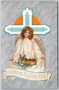 Postcard A Joyous Easter-Tide Angel Holding Bunnies Silver Foil Background - Picture 1 of 2