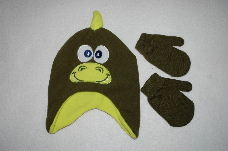 SOMBRERO DE INVIERNO DINOSAURIO Verde Polar Cuerno de espiga Orejeras MITTENS Niños Pequeños Foto 1 de 1